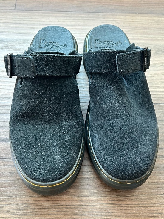 Dr. Martens Shoes - Dr. Martens Black Suede Slip-On Clog Mules with Yellow Stitching
